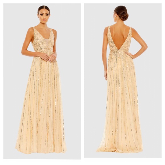 Mac Duggal Sequin Plunge Neck Gown Size 14 Sunset Style 10700 - Picture 2 of 10